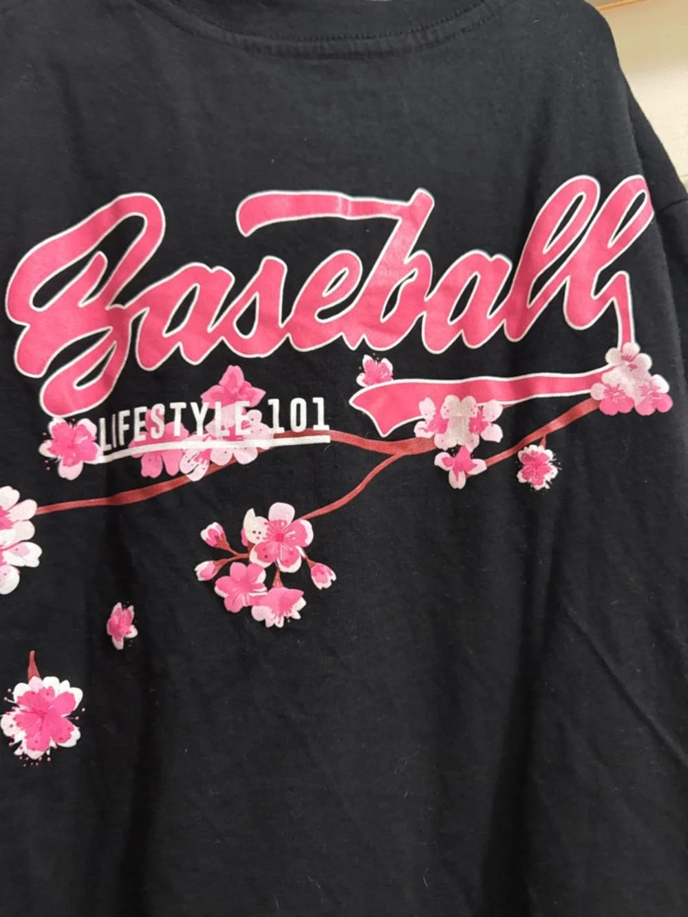 Baseball Lifestyle Kids' Black Tee with Pink Cherry Blossom Graphic